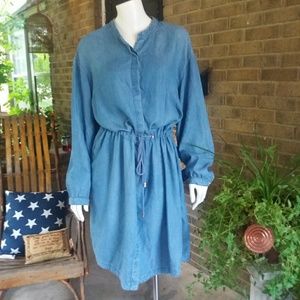 Denim Dress Long Sleeve Button Up Tie Waist